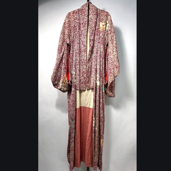 Vintage Hand Stitched Japanese Kimono Long Robe Red Floral & Landscape Printed - Picture 1 of 6
